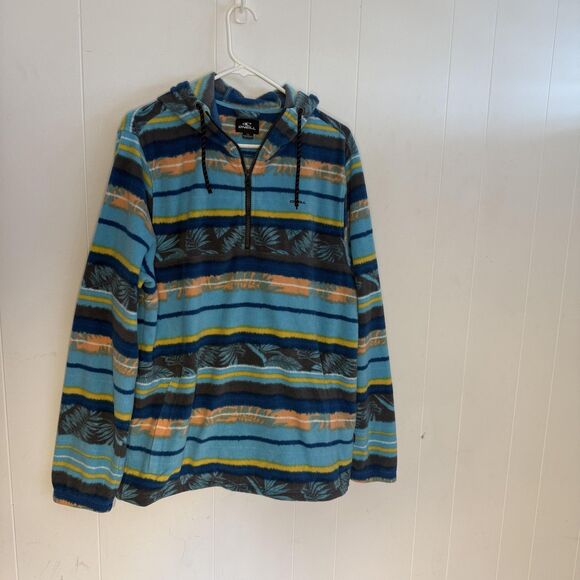 O'Neill Hoodie Mens Large Blue Fleece Quarter Zip Striped Tropical Surf Pullover - Picture 1 of 9